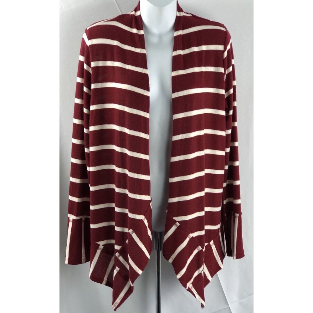 NWT Tru Self Open Drape Front Cardigan Sweater M Burgundy/wht Stripe Patchwork